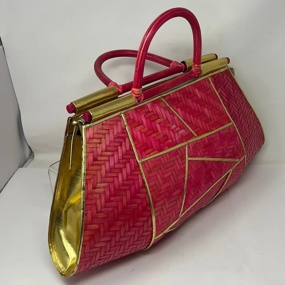 Pink Rattan Gold Lame Leather Zip Large Structured Handbag